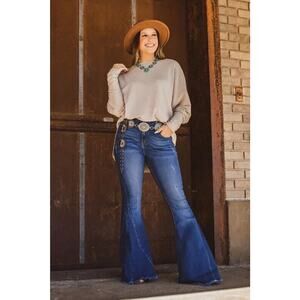 18 New L&B Lucky & Blessed Jeans Medium Wash Mid Rise Flare Distressed L18018